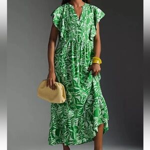 M, Anthropologie Green Floral Maeve Cassandra Maxi Dress.